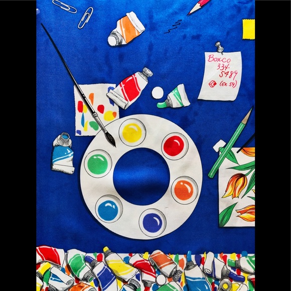 VTG 70’s Perry Ellis silk scarf painter theme print Royal blue & primary colors